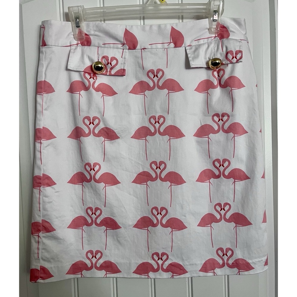 Elizabeth McKay Skirt Womens 10 White Lined Flamingo Print Gold Buttons Knee 593